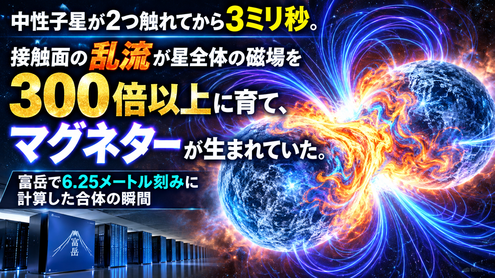 中性子星が2つ触れてから3ミリ秒。接触面の乱流が星全体の磁場を300倍以上に育て、マグネターが生まれていた。富岳で6.25メートル刻みに計算した合体の瞬間