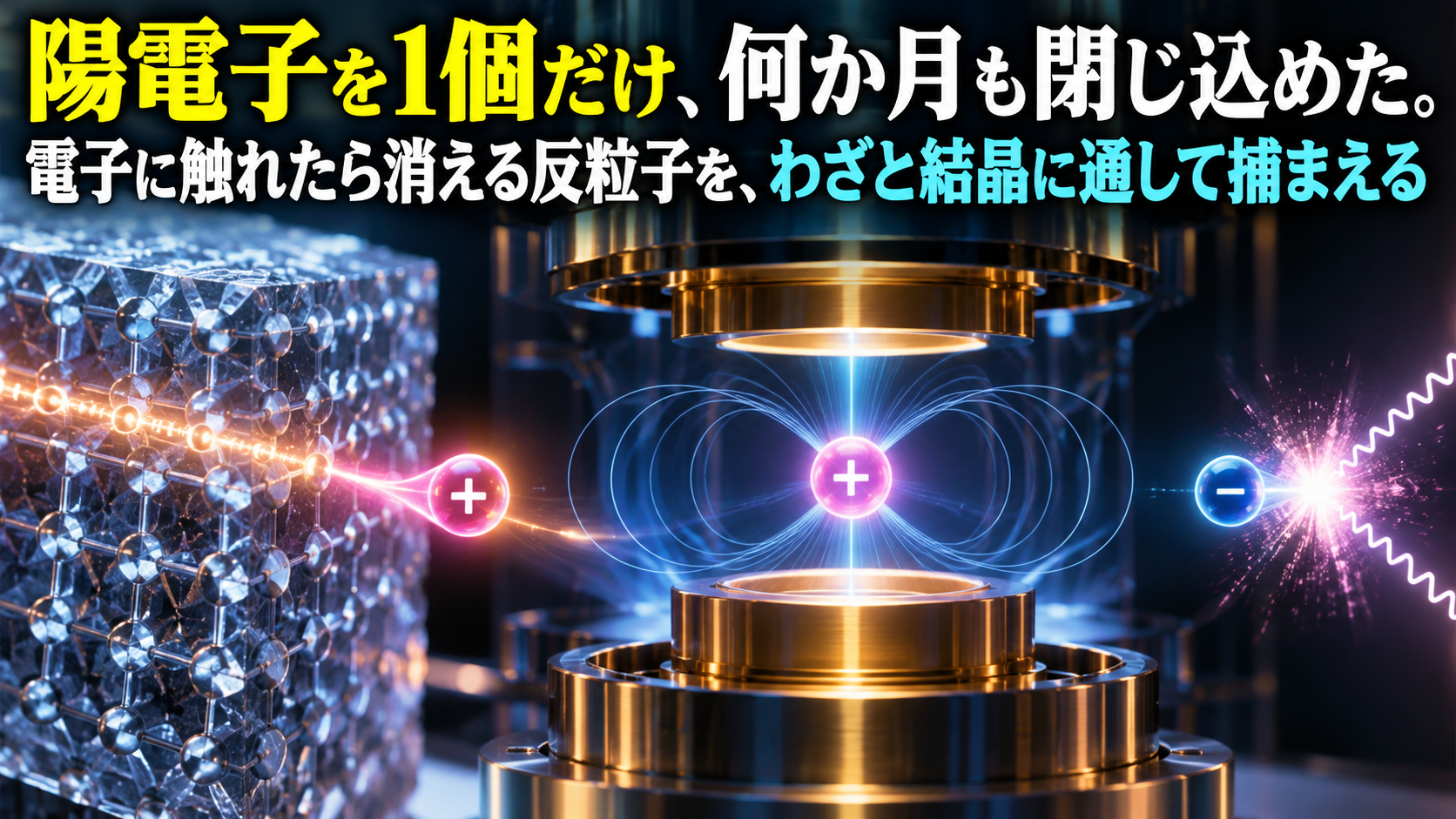 陽電子を1個だけ、何か月も閉じ込めた。電子に触れたら消える反粒子を、わざと結晶に通して捕まえる