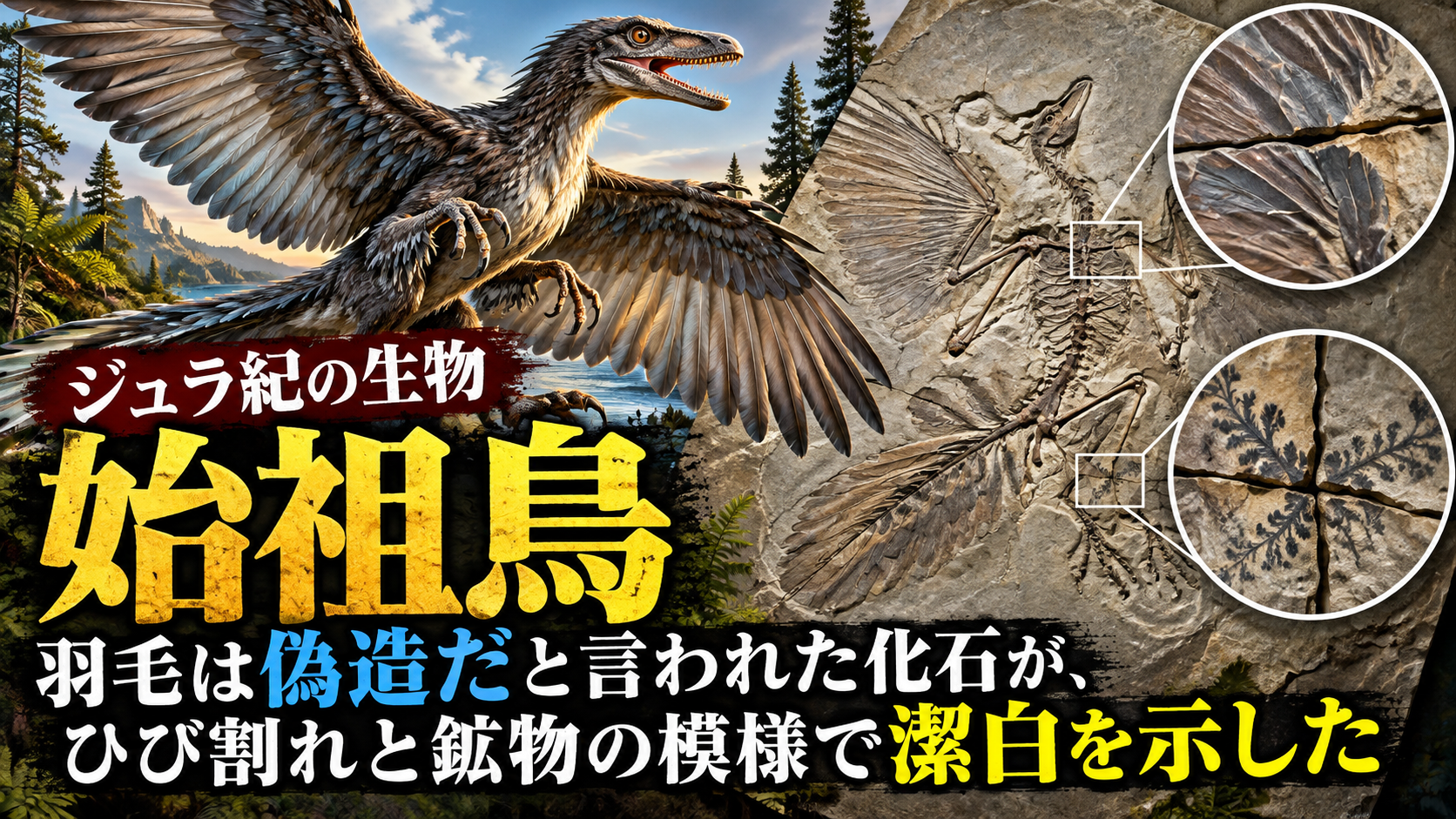 【ジュラ紀の生物】始祖鳥 - 羽毛は偽造だと言われた化石が、ひび割れと鉱物の模様で潔白を示した