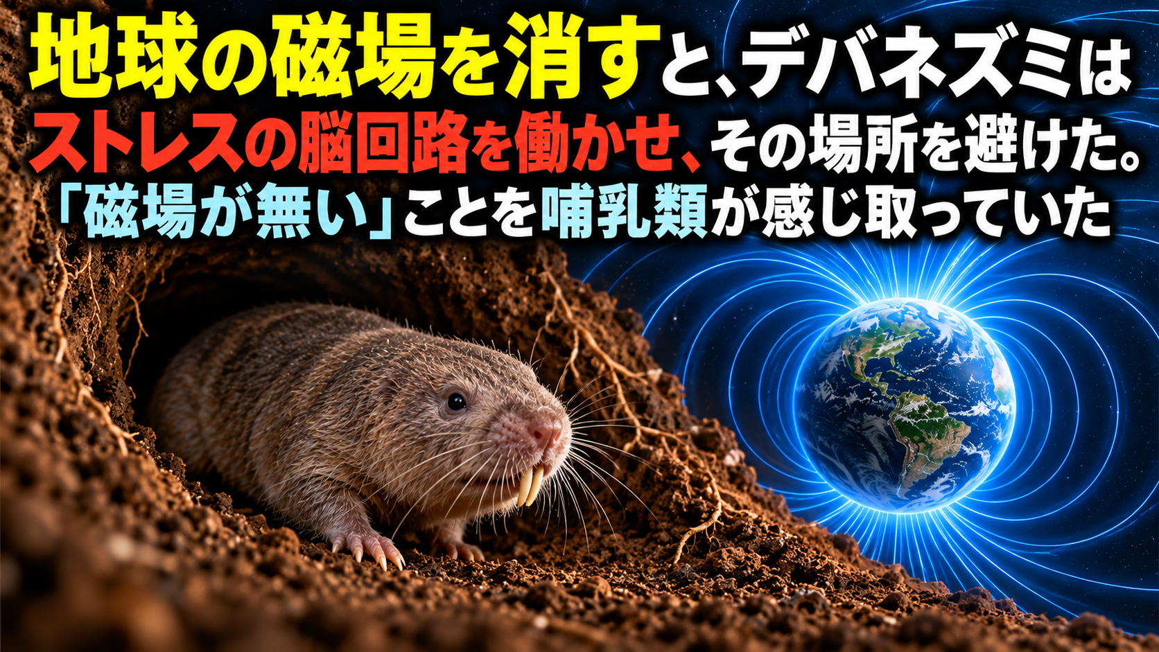 地球の磁場を消すと、デバネズミはストレスの脳回路を働かせ、その場所を避けた。「磁場が無い」ことを哺乳類が感じ取っていた