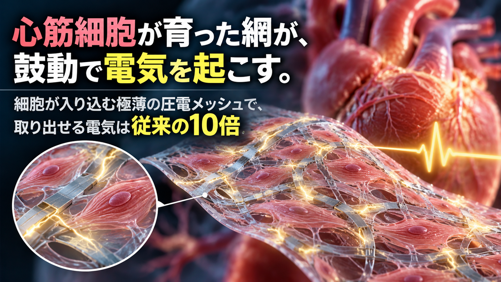 心筋細胞が育った網が、鼓動で電気を起こす。細胞が入り込む極薄の圧電メッシュで、取り出せる電気は従来の10倍