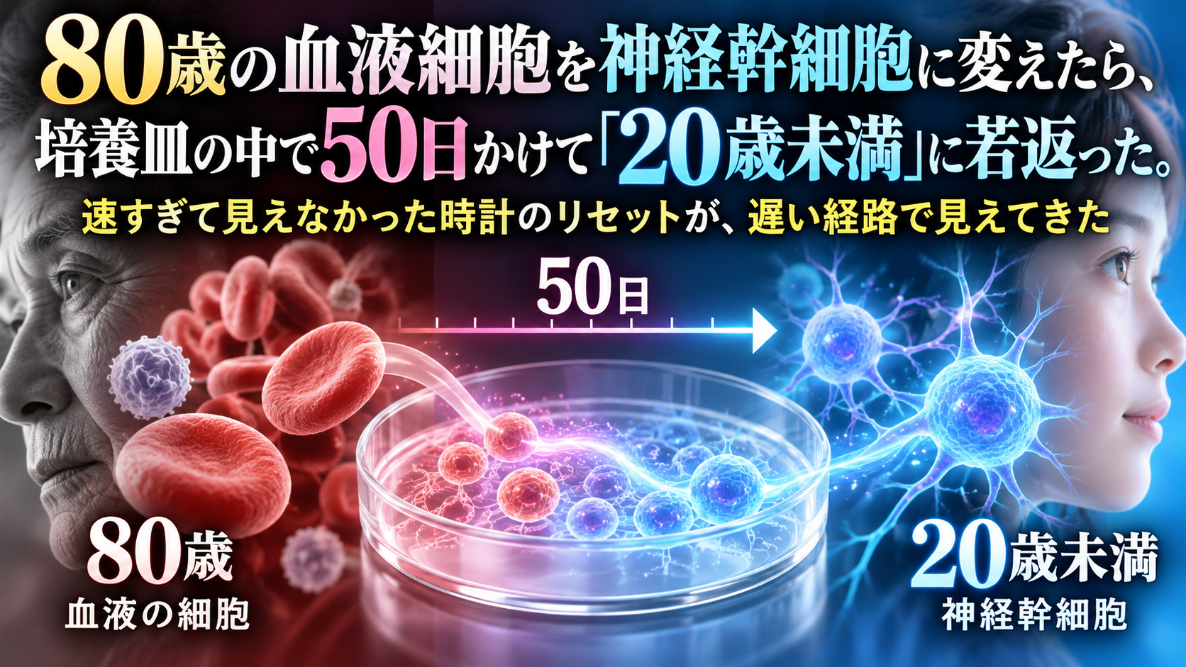 80歳の血液細胞を神経幹細胞に変えたら、培養皿の中で50日かけて「20歳未満」に若返った。速すぎて見えなかった時計のリセットが、遅い経路で見えてきた