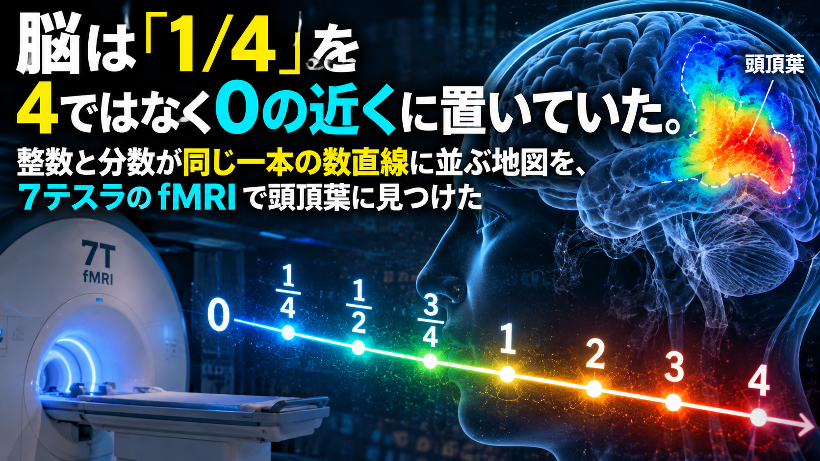 脳は「1/4」を 4 ではなく 0 の近くに置いていた。整数と分数が同じ一本の数直線に並ぶ地図を、7テスラの fMRI で頭頂葉に見つけた