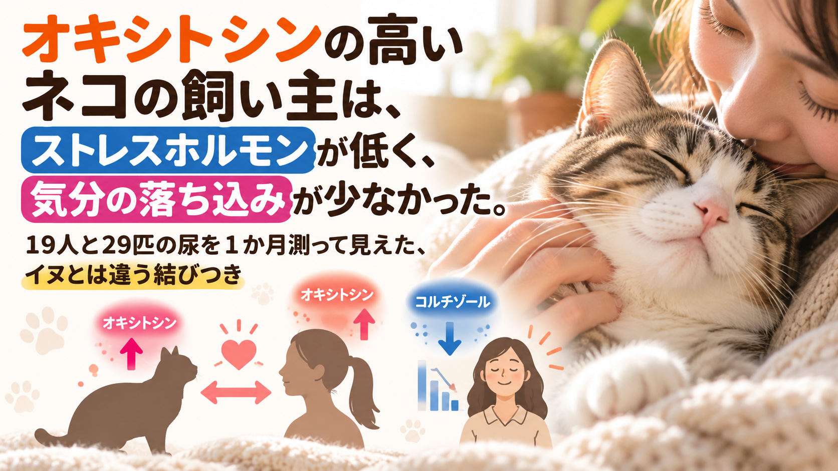 オキシトシンの高いネコの飼い主は、ストレスホルモンが低く、気分の落ち込みが少なかった。19人と29匹の尿を1か月測って見えた、イヌとは違う結びつき