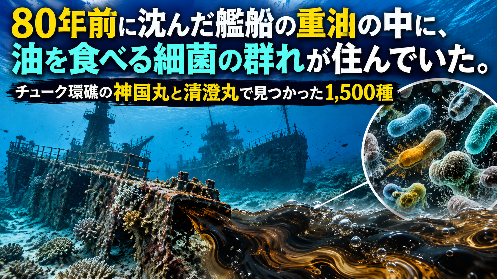 80年前に沈んだ艦船の重油の中に、油を食べる細菌の群れが住んでいた。チューク環礁の神国丸と清澄丸で見つかった1,500種
