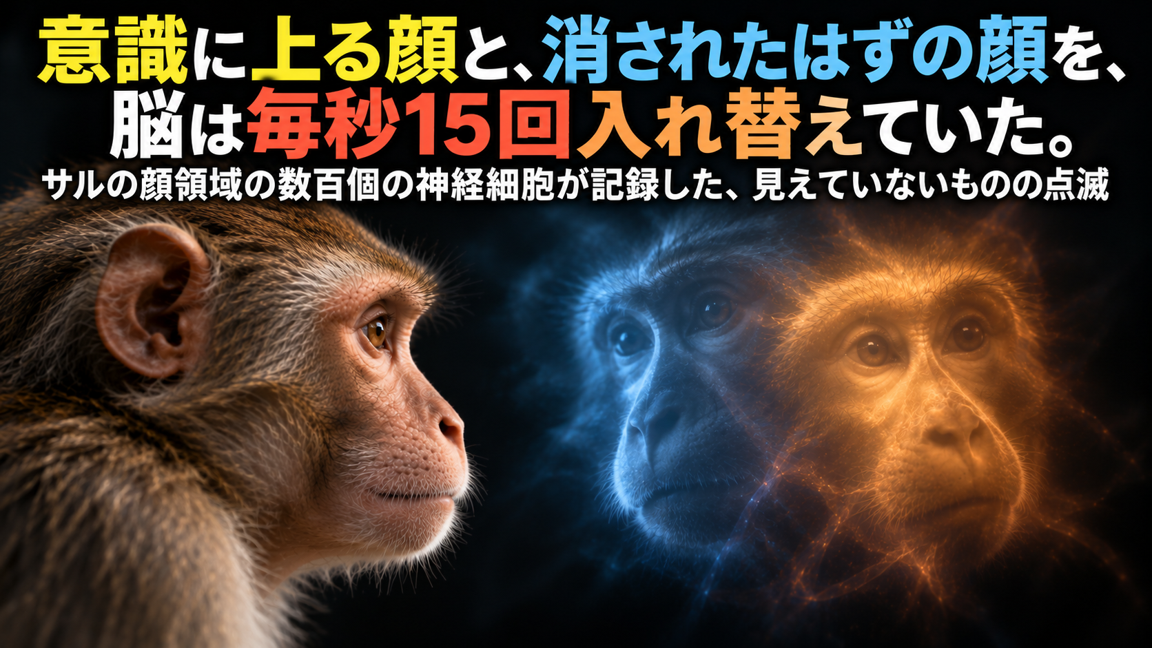 意識に上る顔と、消されたはずの顔を、脳は毎秒15回入れ替えていた。サルの顔領域の数百個の神経細胞が記録した、見えていないものの点滅