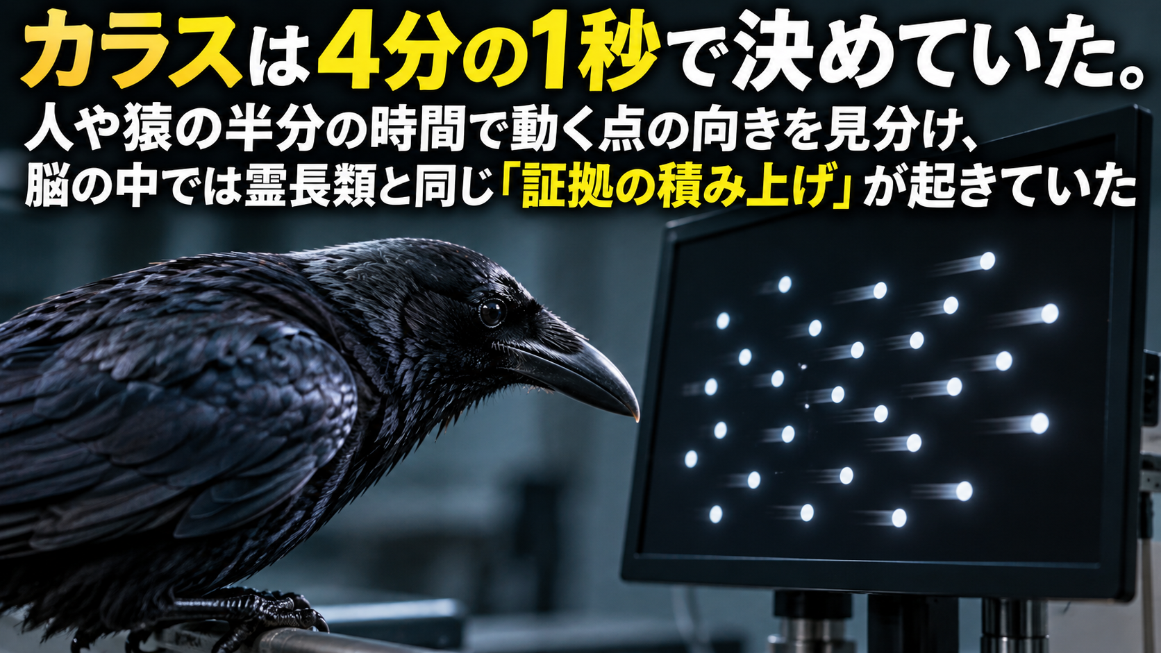 カラスは4分の1秒で決めていた。人や猿の半分の時間で動く点の向きを見分け、脳の中では霊長類と同じ「証拠の積み上げ」が起きていた