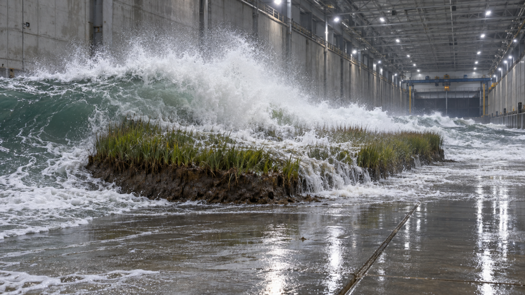 塩性湿地306平方メートルを世界最大級の造波水路に運び、高さ2mの嵐の波を21時間ぶつけた。地面は7mmしか削れず、草は8割消えた
