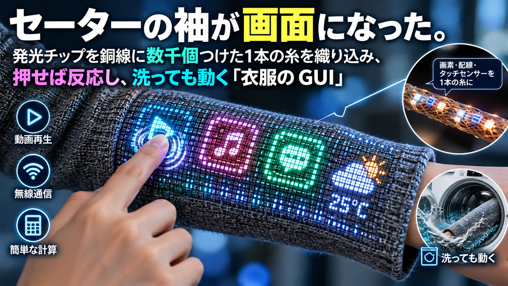 セーターの袖が画面になった。発光チップを銅線に数千個つけた1本の糸を織り込み、押せば反応し、洗っても動く「衣服の GUI」