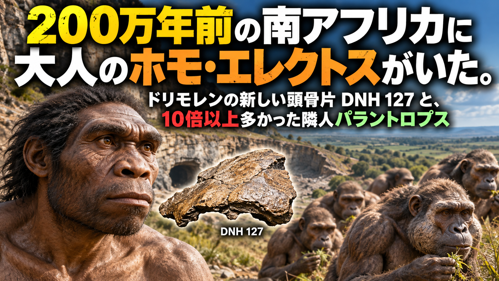 200万年前の南アフリカに大人のホモ・エレクトスがいた。ドリモレンの新しい頭骨片 DNH 127 と、10倍以上多かった隣人パラントロプス