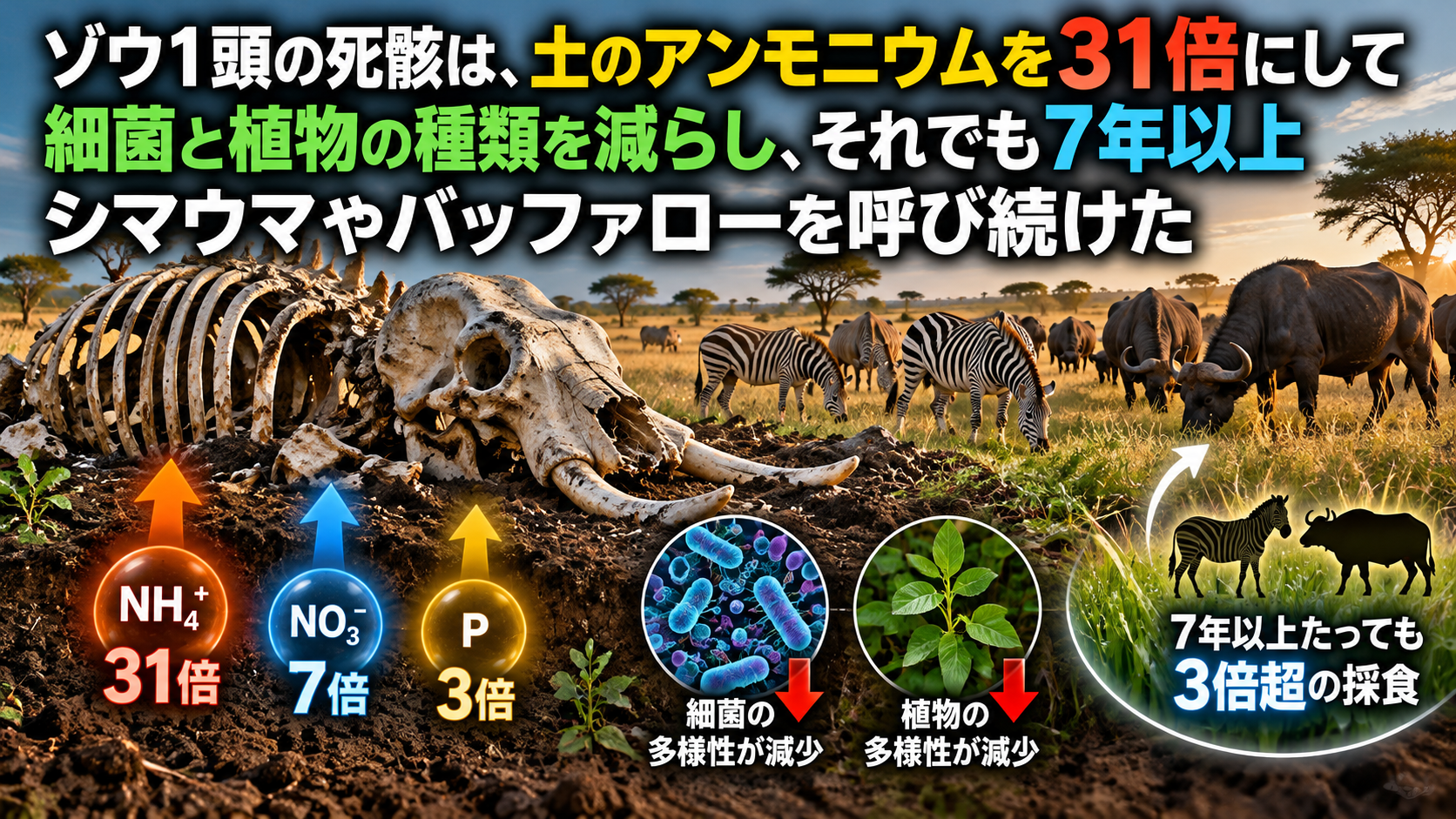 ゾウ1頭の死骸は、土のアンモニウムを31倍にして細菌と植物の種類を減らし、それでも7年以上シマウマやバッファローを呼び続けた