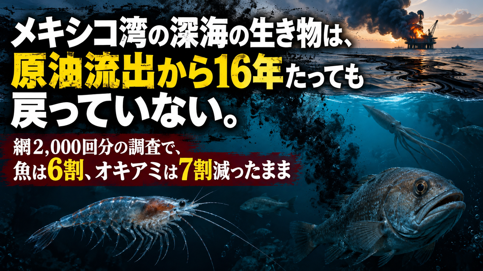 メキシコ湾の深海の生き物は、原油流出から16年たっても戻っていない。網2,000回分の調査で、魚は6割、オキアミは7割減ったまま