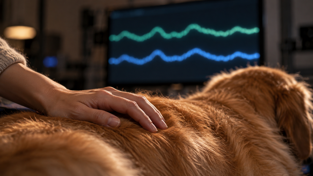 犬をなでると、次に来るストレスが和らぐ。なでても回復は速くならなかったが、2回目の課題のときの心拍と脳波の反応は小さかった