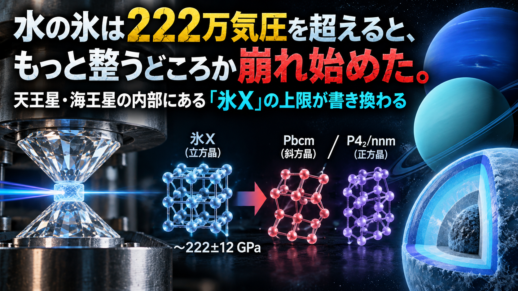 水の氷は222万気圧を超えると、もっと整うどころか崩れ始めた。天王星・海王星の内部にある「氷X」の上限が書き換わる