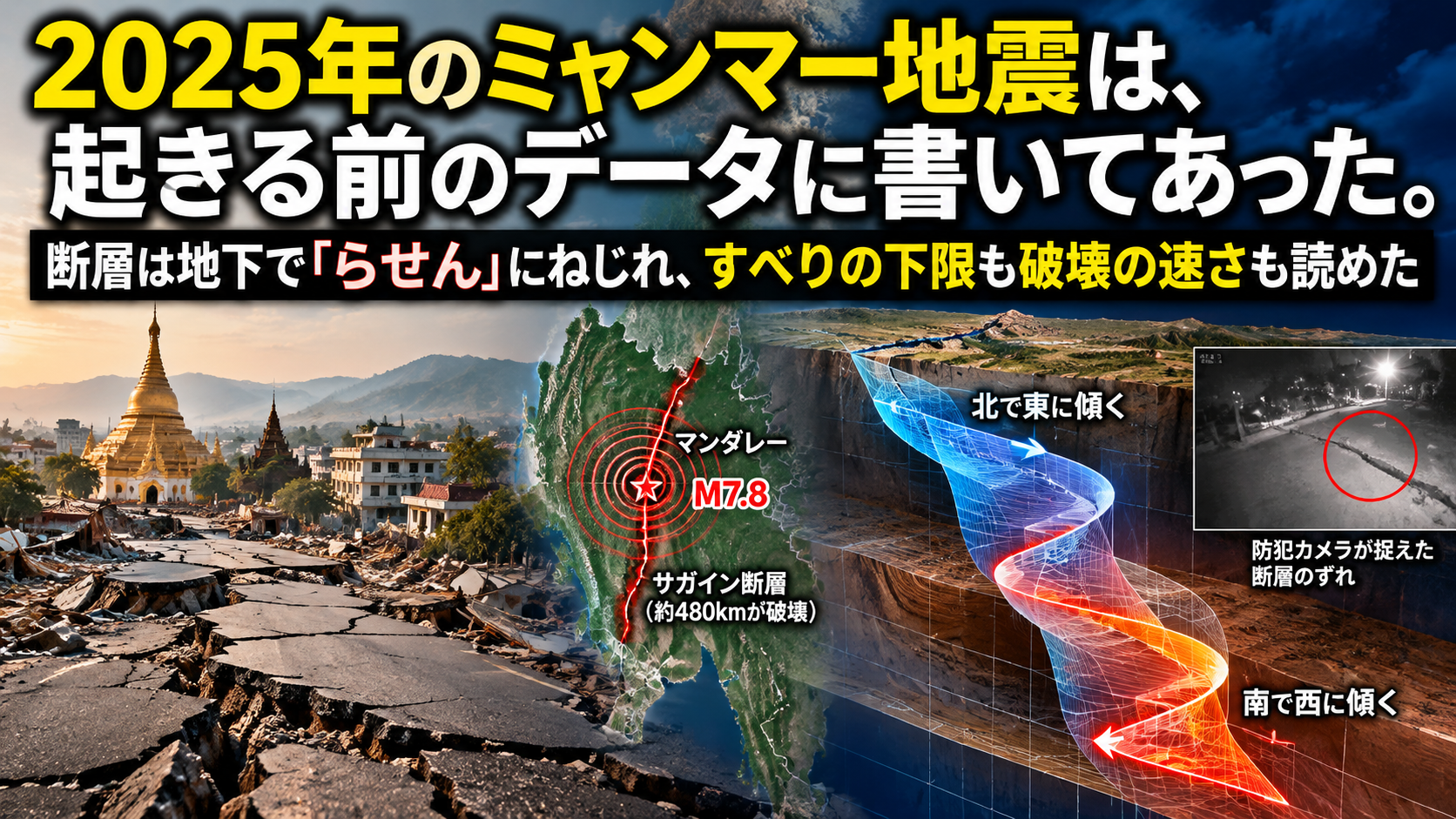 2025年のミャンマー地震は、起きる前のデータに書いてあった。断層は地下で「らせん」にねじれ、すべりの下限も破壊の速さも読めた
