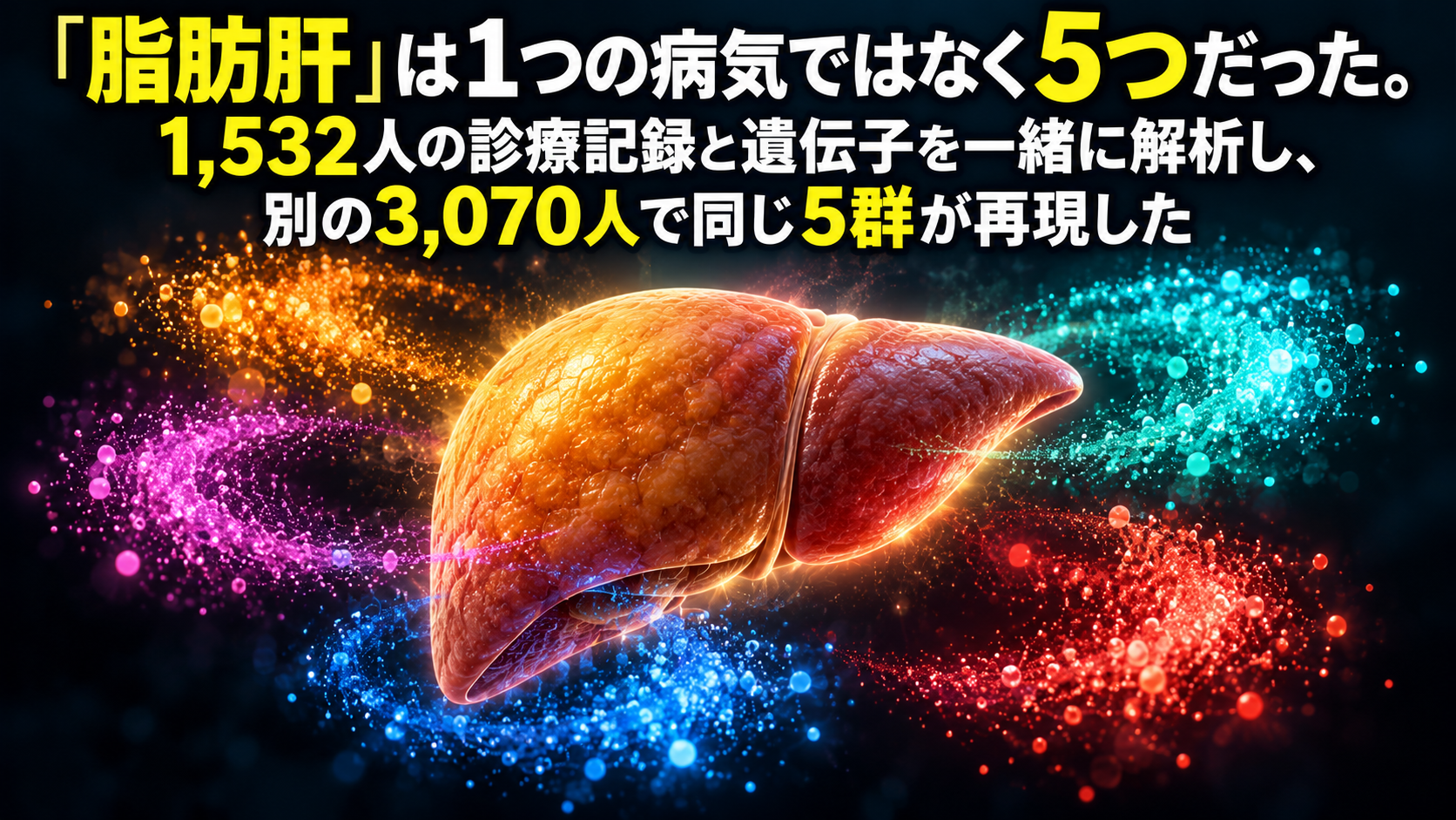 「脂肪肝」は1つの病気ではなく5つだった。1,532人の診療記録と遺伝子を一緒に解析し、別の3,070人で同じ5群が再現した