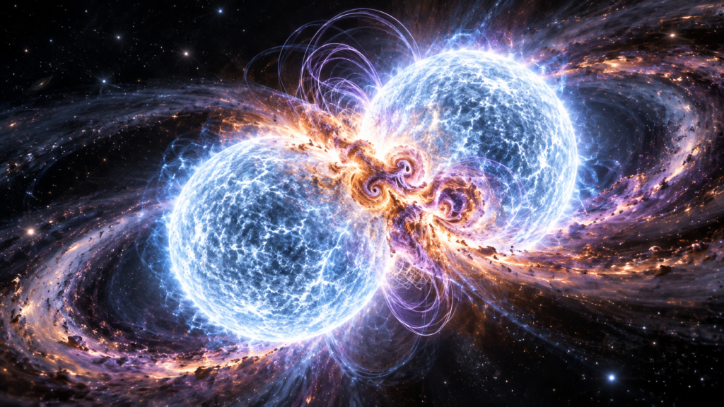 中性子星が2つ触れてから3ミリ秒。接触面の乱流が星全体の磁場を300倍以上に育て、マグネターが生まれていた。富岳で6.25メートル刻みに計算した合体の瞬間