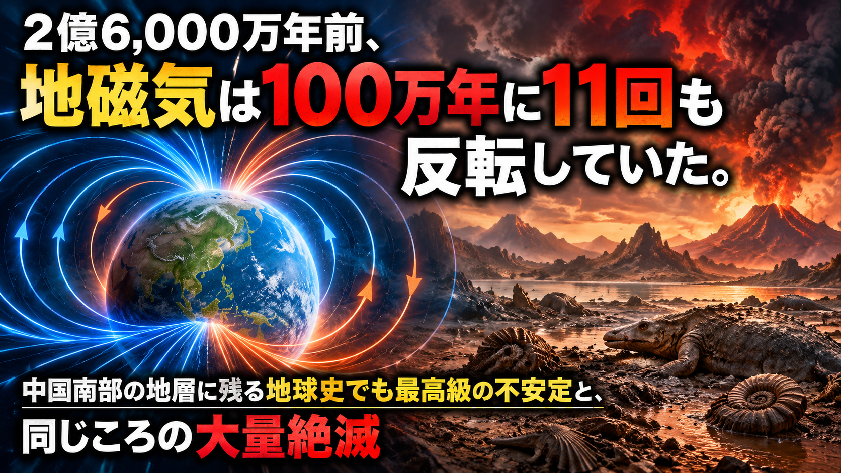 2億6,000万年前、地磁気は100万年に11回も反転していた。中国南部の地層に残る地球史でも最高級の不安定と、同じころの大量絶滅