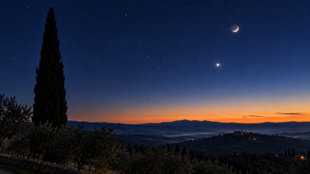 「星月夜」の空は1889年7月22日の夜明け前だった。絵の中央のV字はヒアデス星団で、細い月と金星が6月説を退けた
