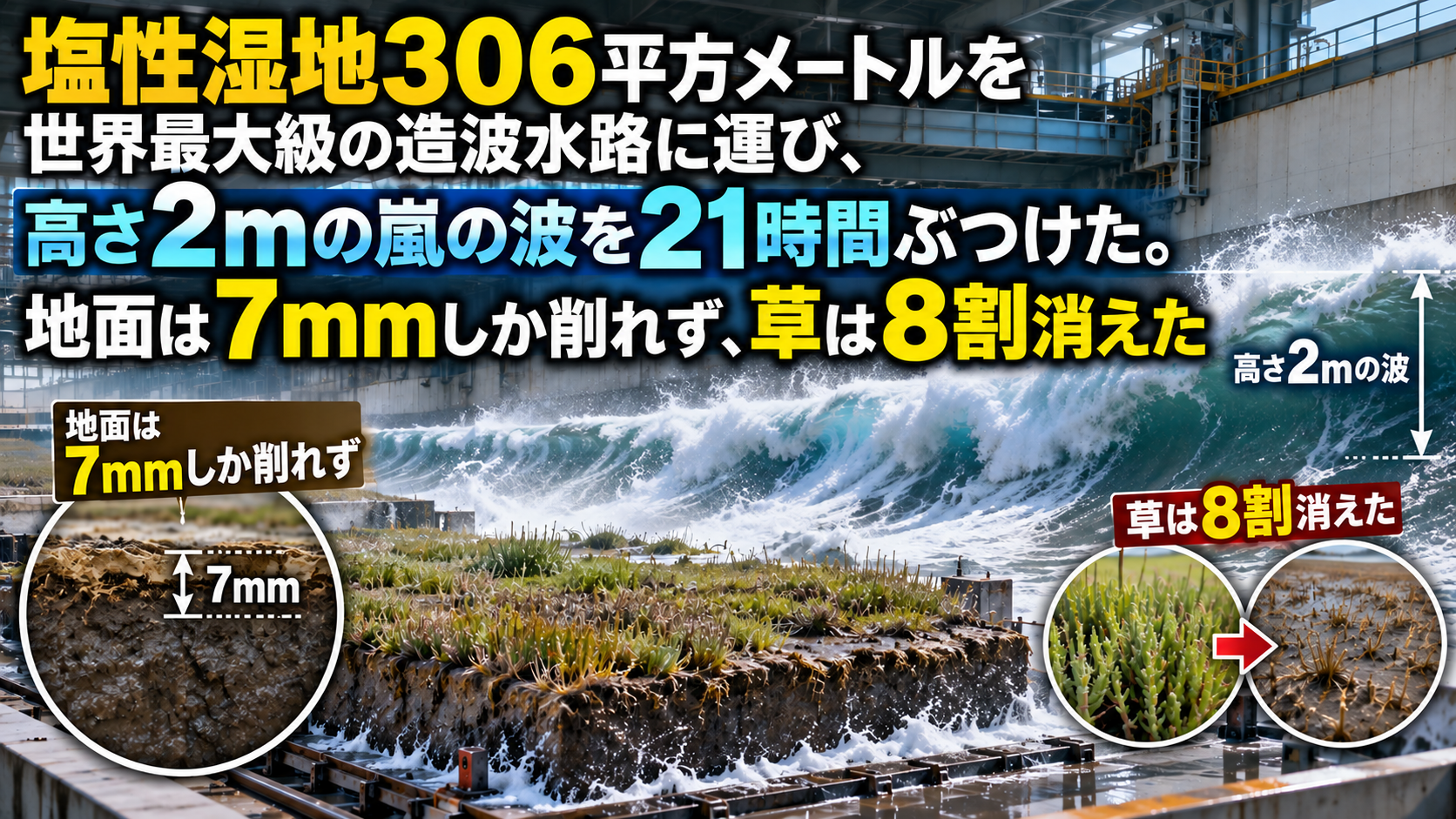 塩性湿地306平方メートルを世界最大級の造波水路に運び、高さ2mの嵐の波を21時間ぶつけた。地面は7mmしか削れず、草は8割消えた