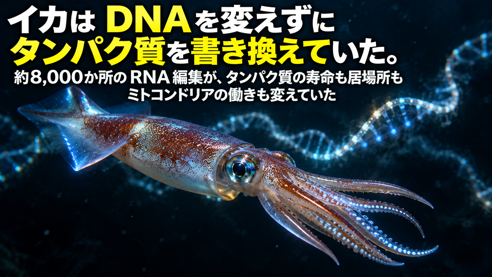 イカは DNA を変えずにタンパク質を書き換えていた。約8,000か所の RNA 編集が、タンパク質の寿命も居場所もミトコンドリアの働きも変えていた