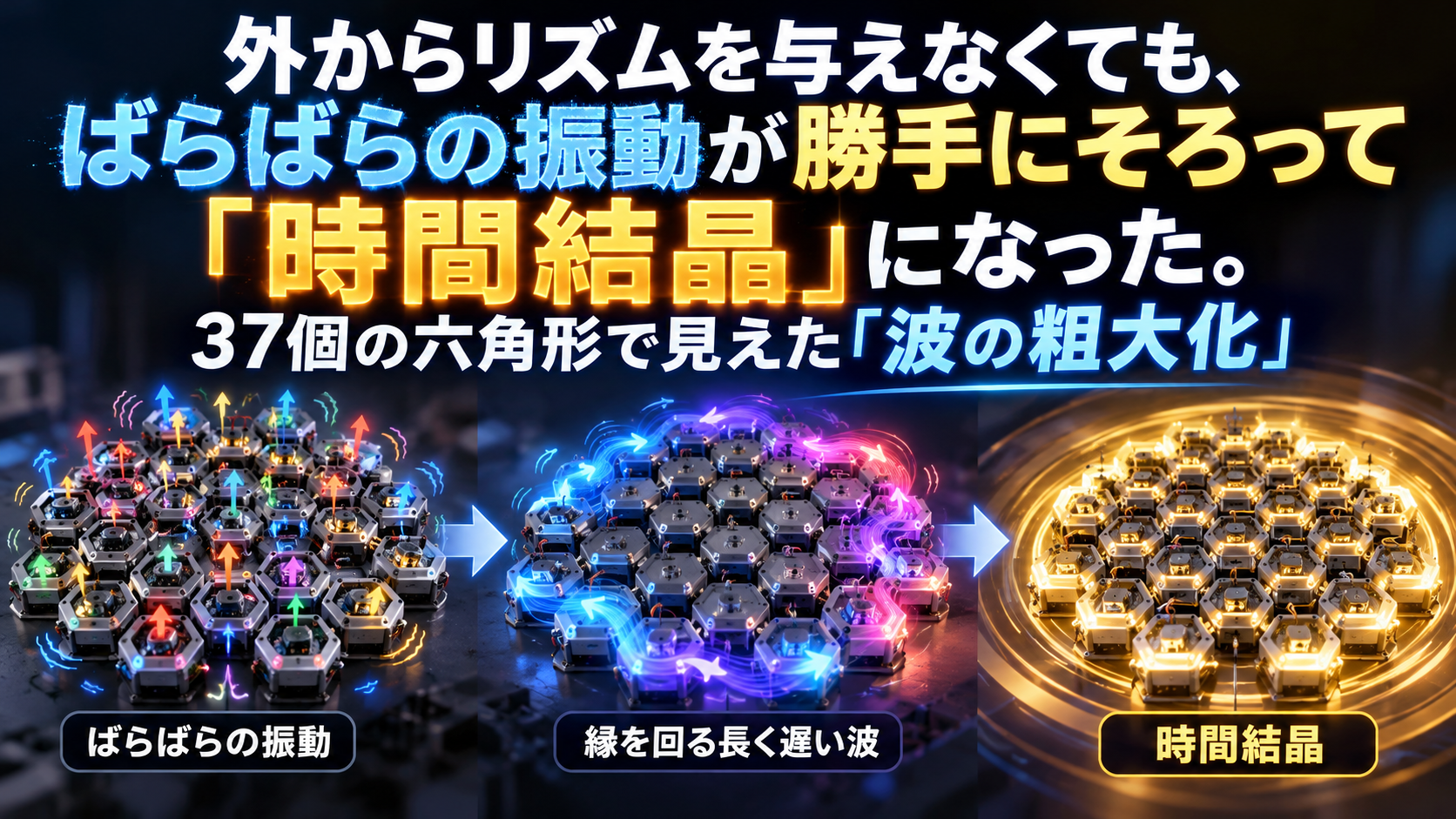 外からリズムを与えなくても、ばらばらの振動が勝手にそろって「時間結晶」になった。37個の六角形で見えた「波の粗大化」